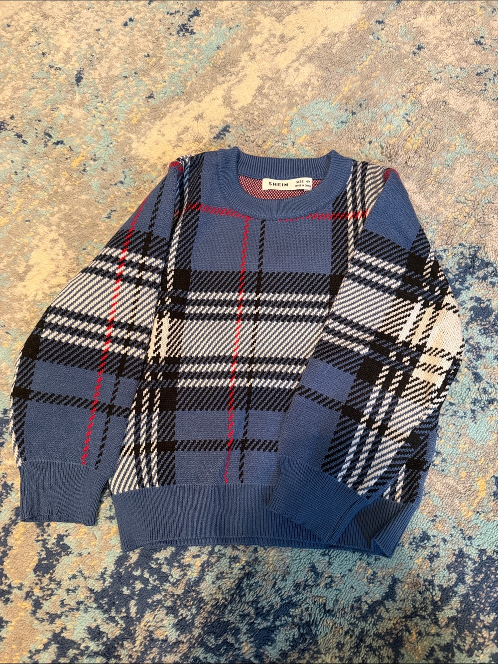 SHEIN Blue Plaid Sweater with Black, White & Red Accents